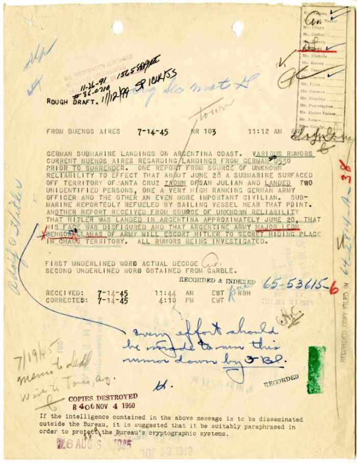Page 1 of FBI research on Hitler in Argentina