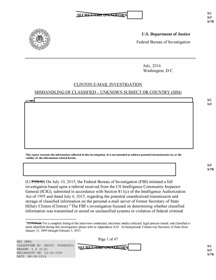 Page 1 of FBI documents from investigation into Hillary Clinton's private email server