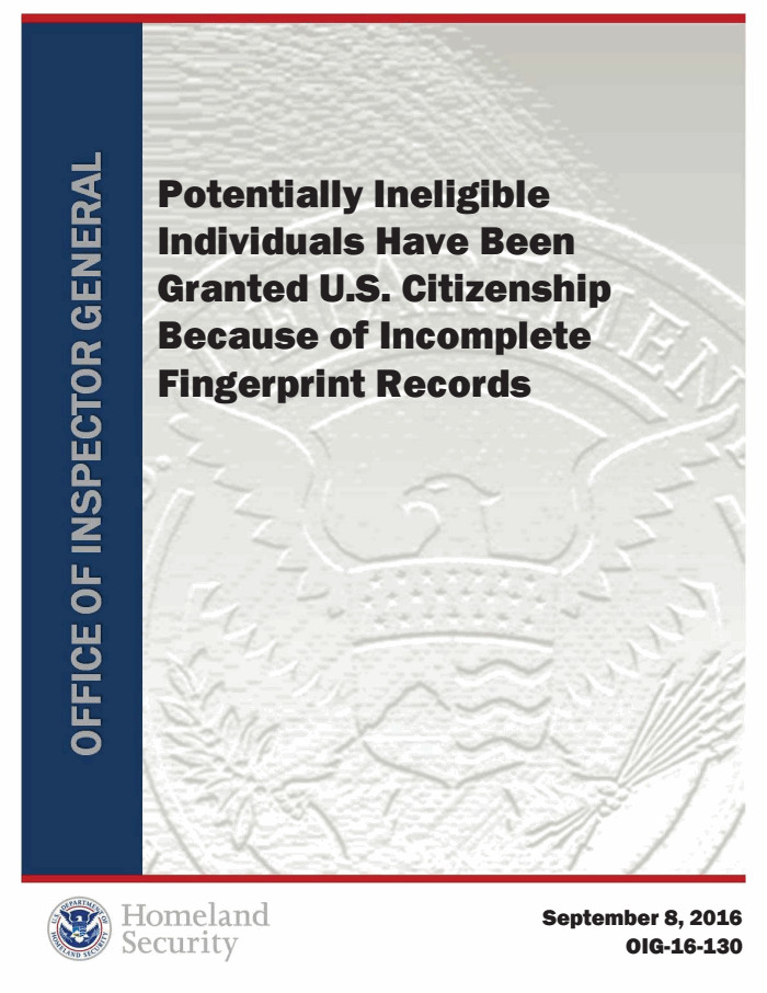 Page 1 of DHS Office of Inspector General report on possibly ineligible individuals granted U.S. Citizenship