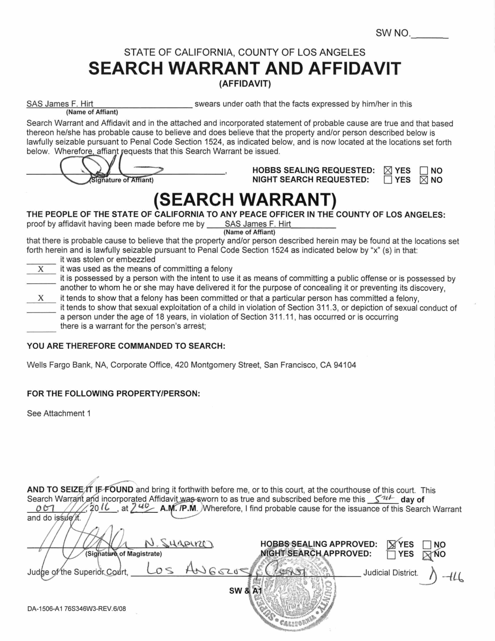 Page 1 of Wells Fargo Search Warrant and Affidavit