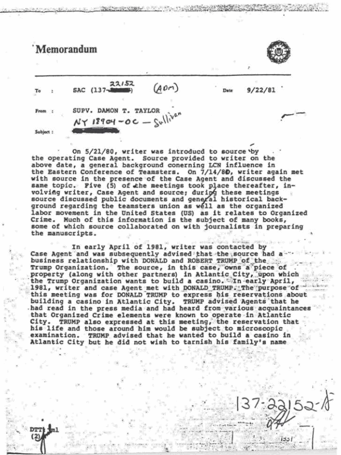 Page 1 of 1981 File Says Donald Trump Offered to "Fully Cooperate" With FBI