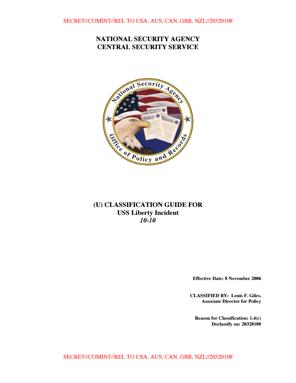 Page 1 from NSA’s USS Liberty Incident Classification Guide