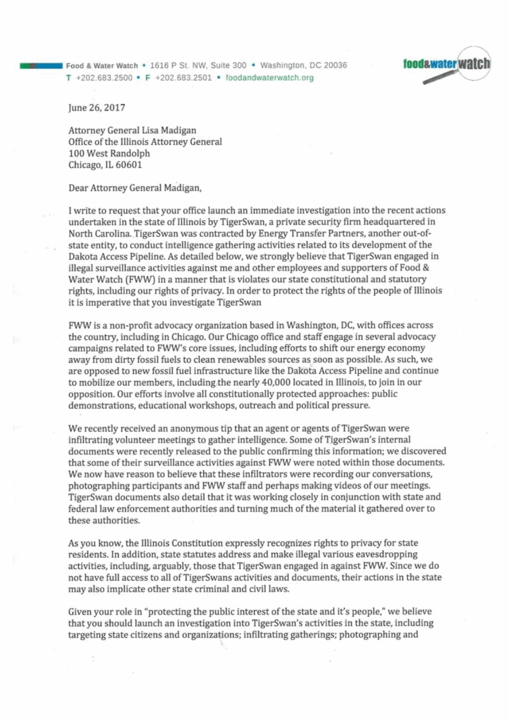 Food & Water Watch Letter to Attorney General - The Intercept