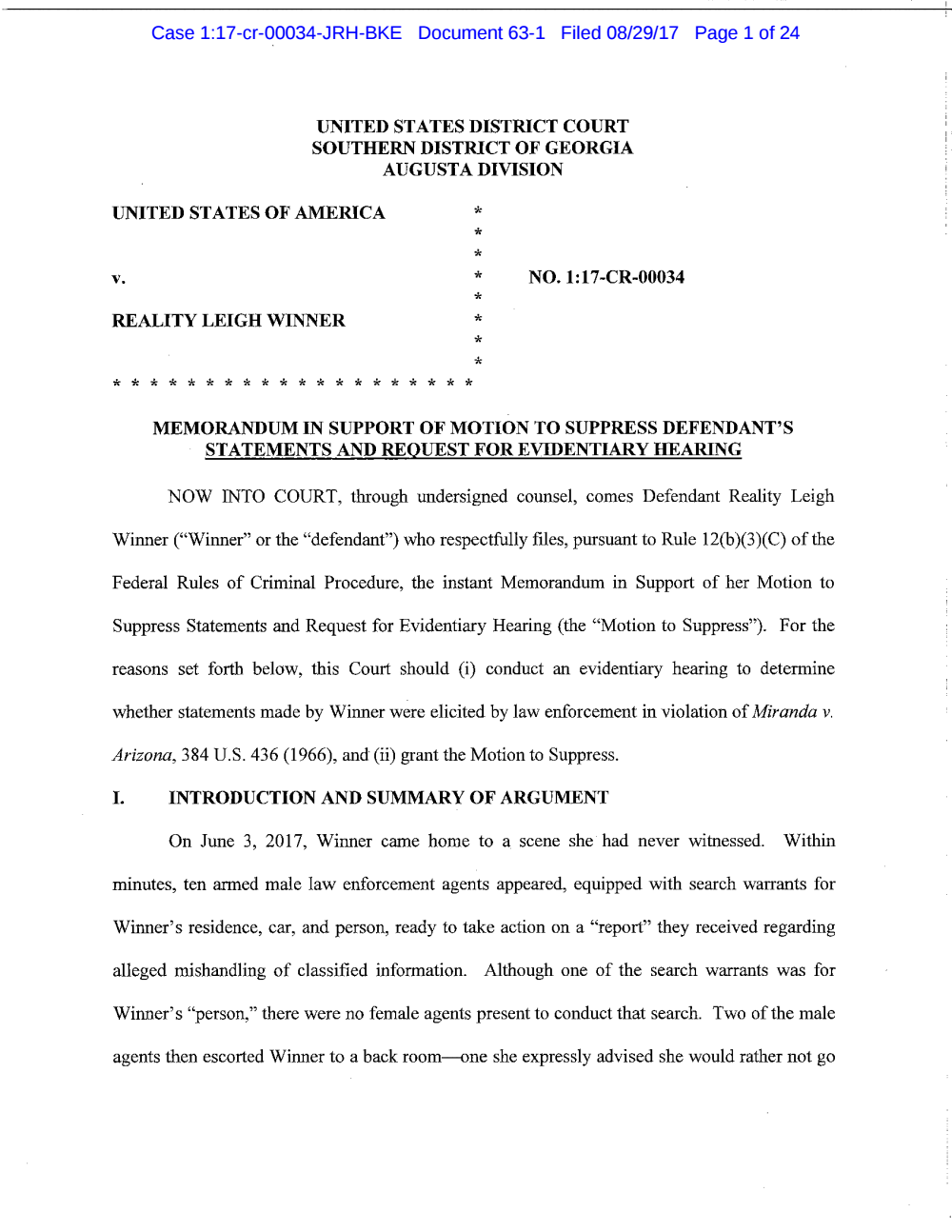 Page 1 from Reality Winner Memo in Support of Motion to Suppress