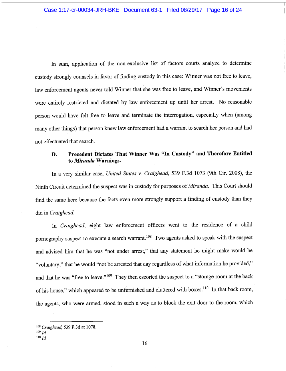 Page 16 from Reality Winner Memo in Support of Motion to Suppress