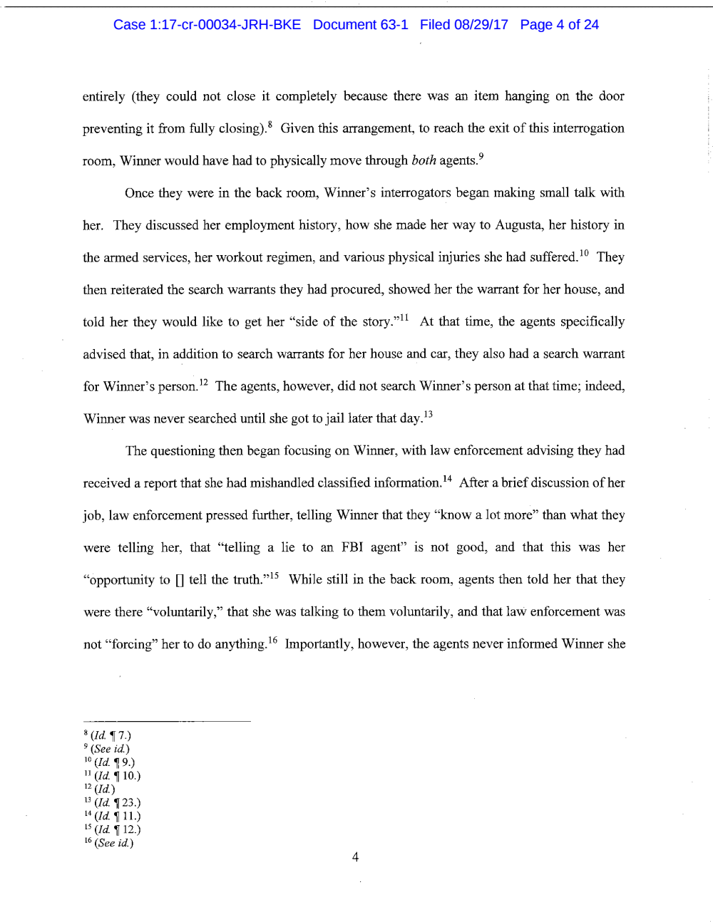 Page 4 from Reality Winner Memo in Support of Motion to Suppress