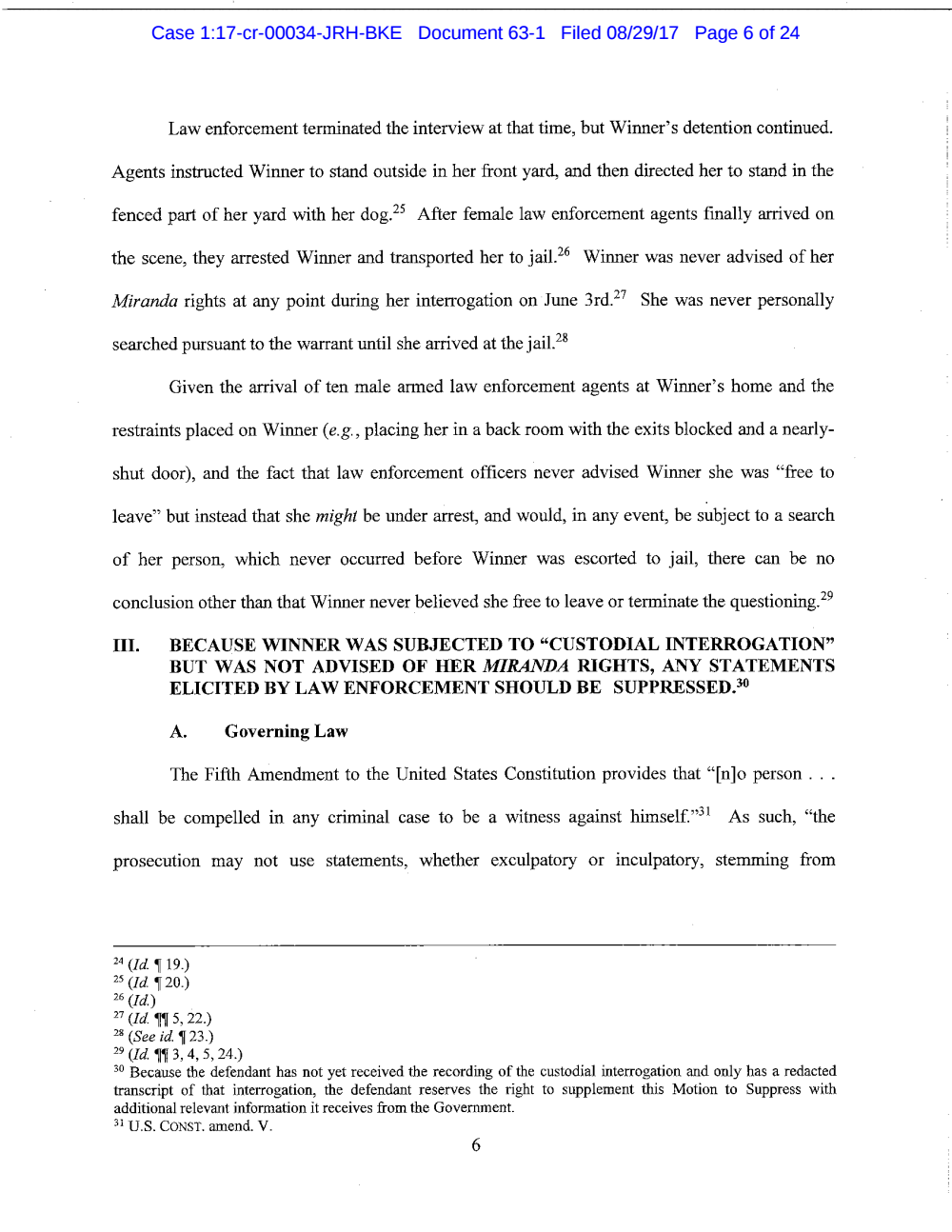 Page 6 from Reality Winner Memo in Support of Motion to Suppress