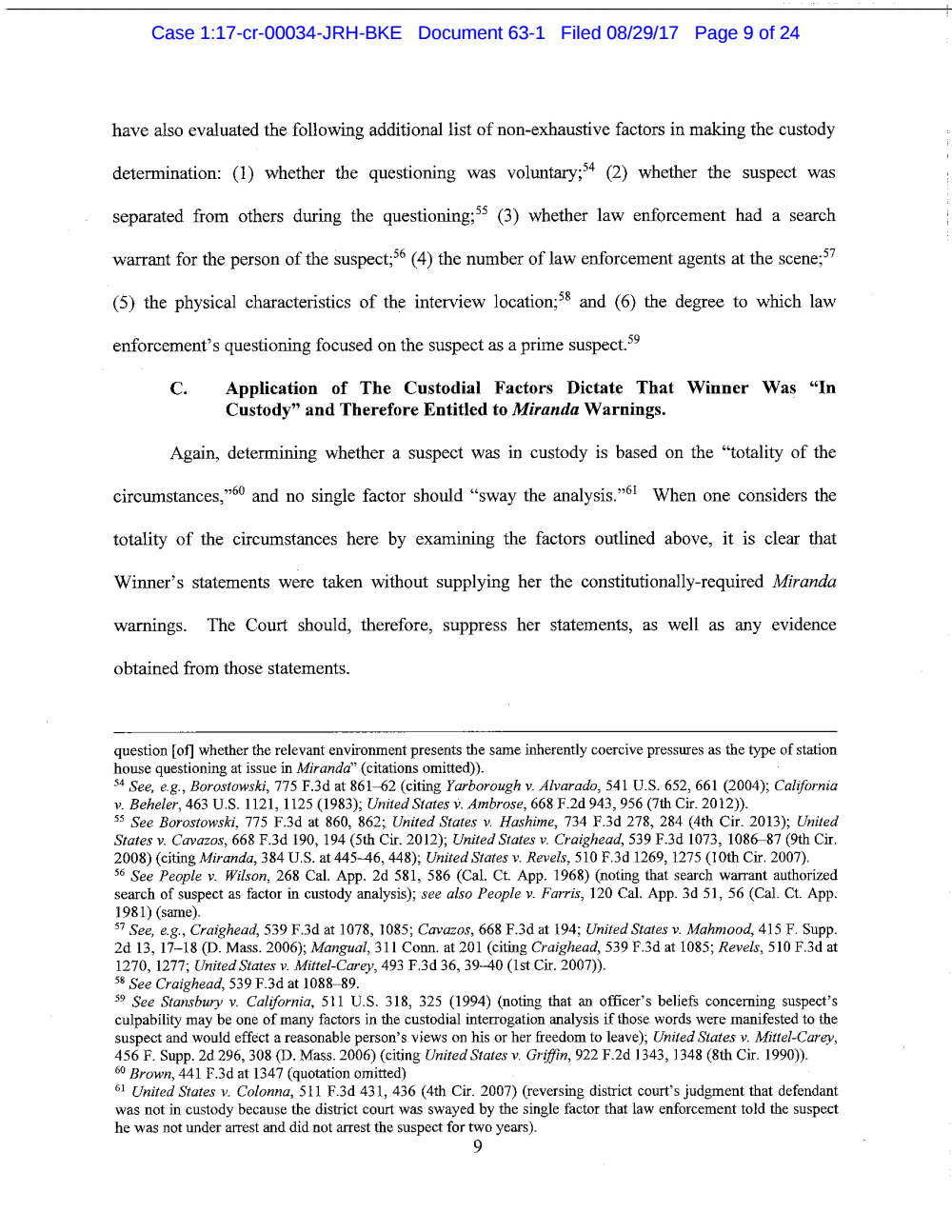 Page 9 from Reality Winner Memo in Support of Motion to Suppress