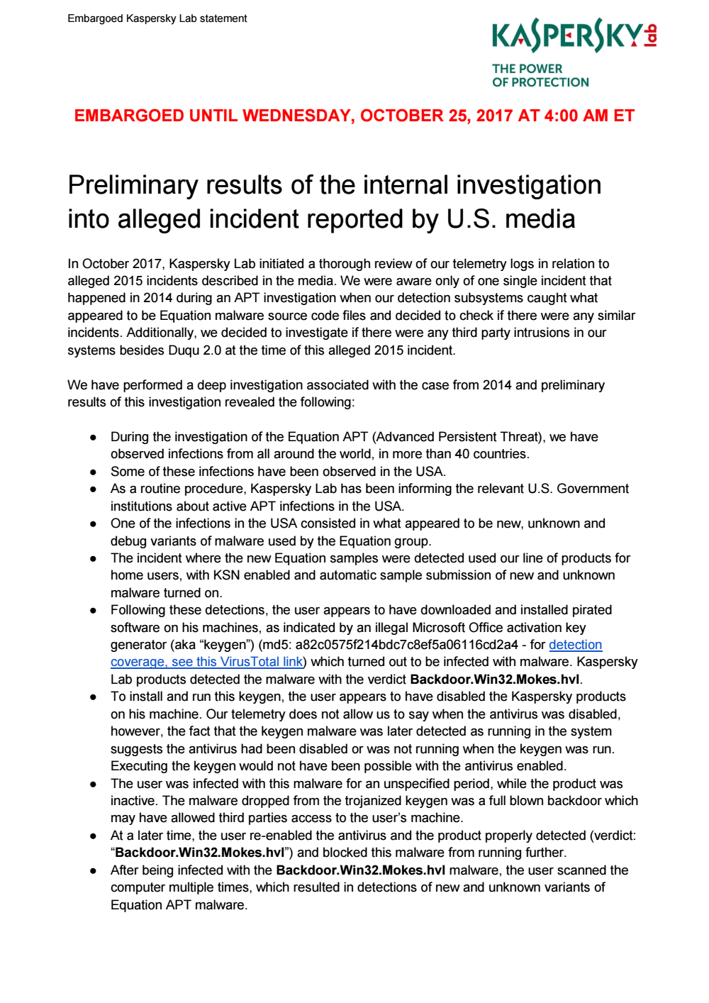Page 1 from Kaspersky Lab: Preliminary results of the internal investigation into alleged incident reported by U.S. media ?
