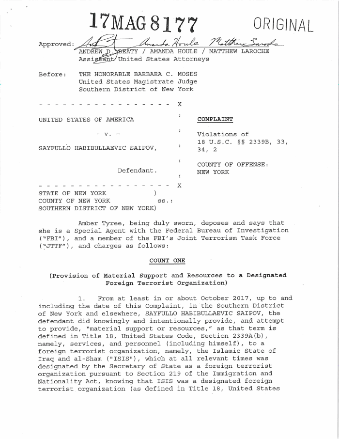 U S v Sayfullo Saipov Complaint | DocumentCloud