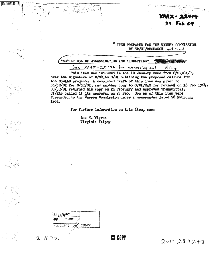 Page 1 of ITEM PREPARED FOR THE WARREN COMMISSION BY SR/CI/RESEARCH ENTITLED "SOVIET USE OF ASSASSINATION AND KIDNAPPING."