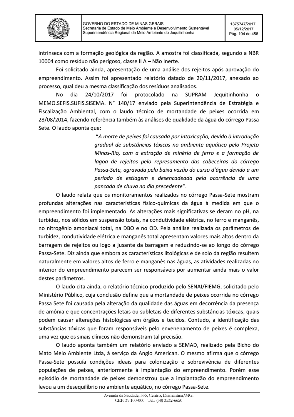 Page 104 from Parecer único da Secretaria de estado de Meio Ambiente e Desenvolvimento Sustentável (SEMAD)