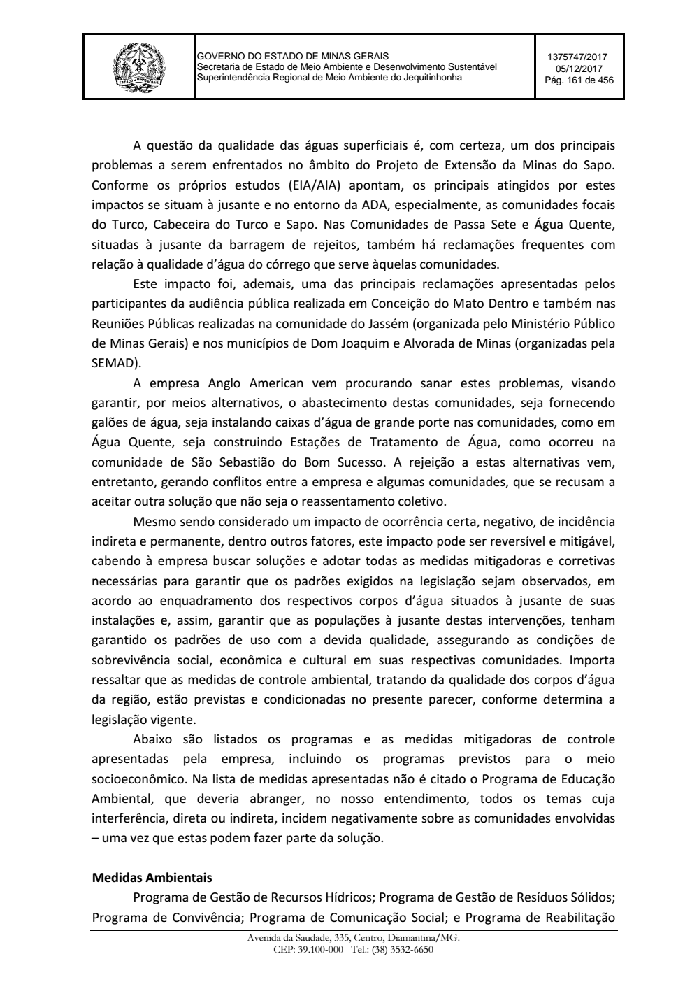 Page 161 from Parecer único da Secretaria de estado de Meio Ambiente e Desenvolvimento Sustentável (SEMAD)