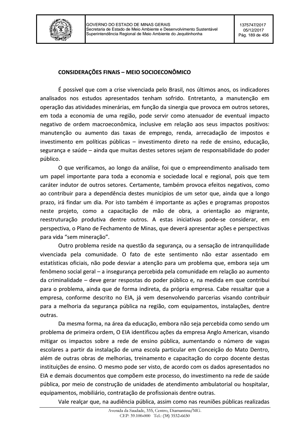 Page 189 from Parecer único da Secretaria de estado de Meio Ambiente e Desenvolvimento Sustentável (SEMAD)