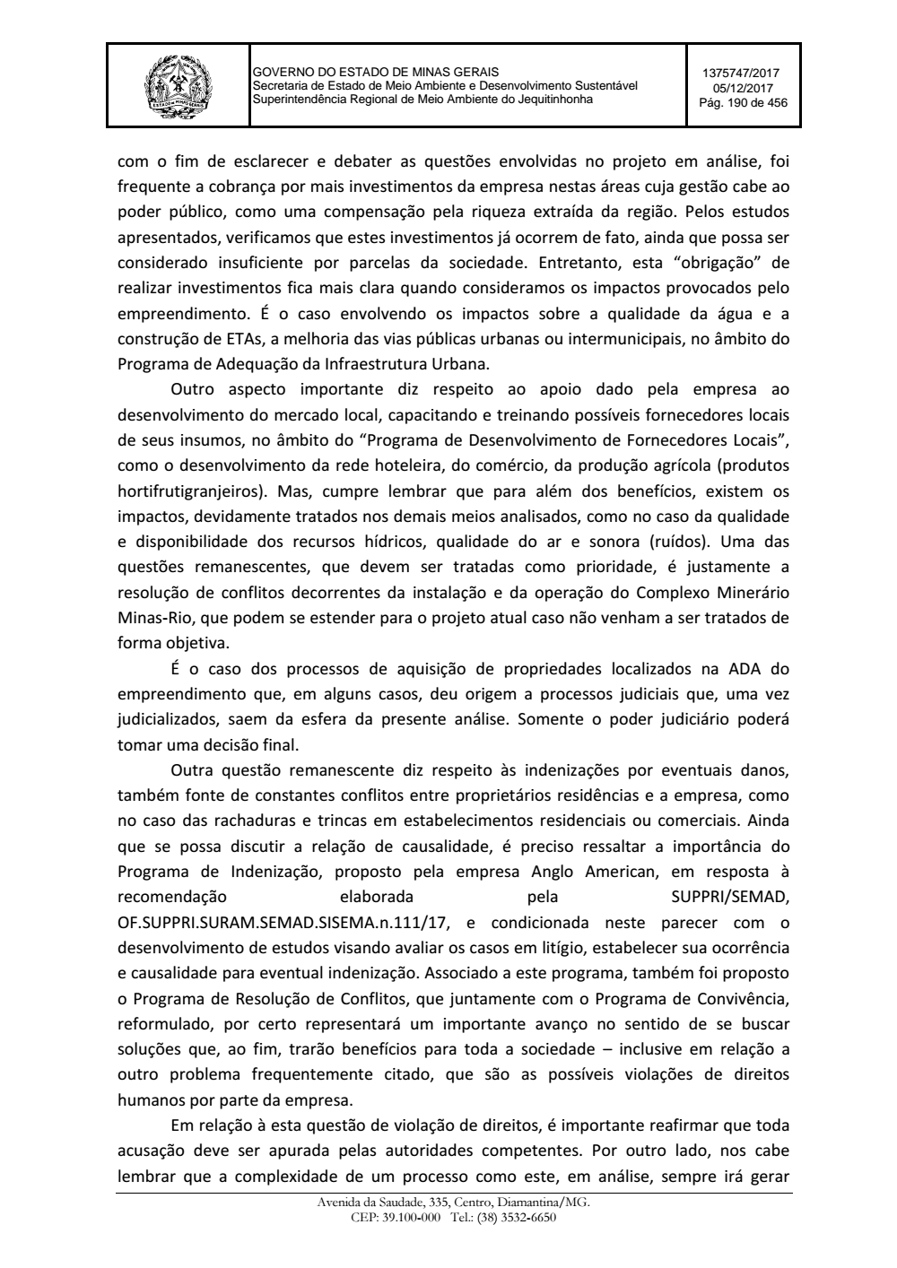 Page 190 from Parecer único da Secretaria de estado de Meio Ambiente e Desenvolvimento Sustentável (SEMAD)