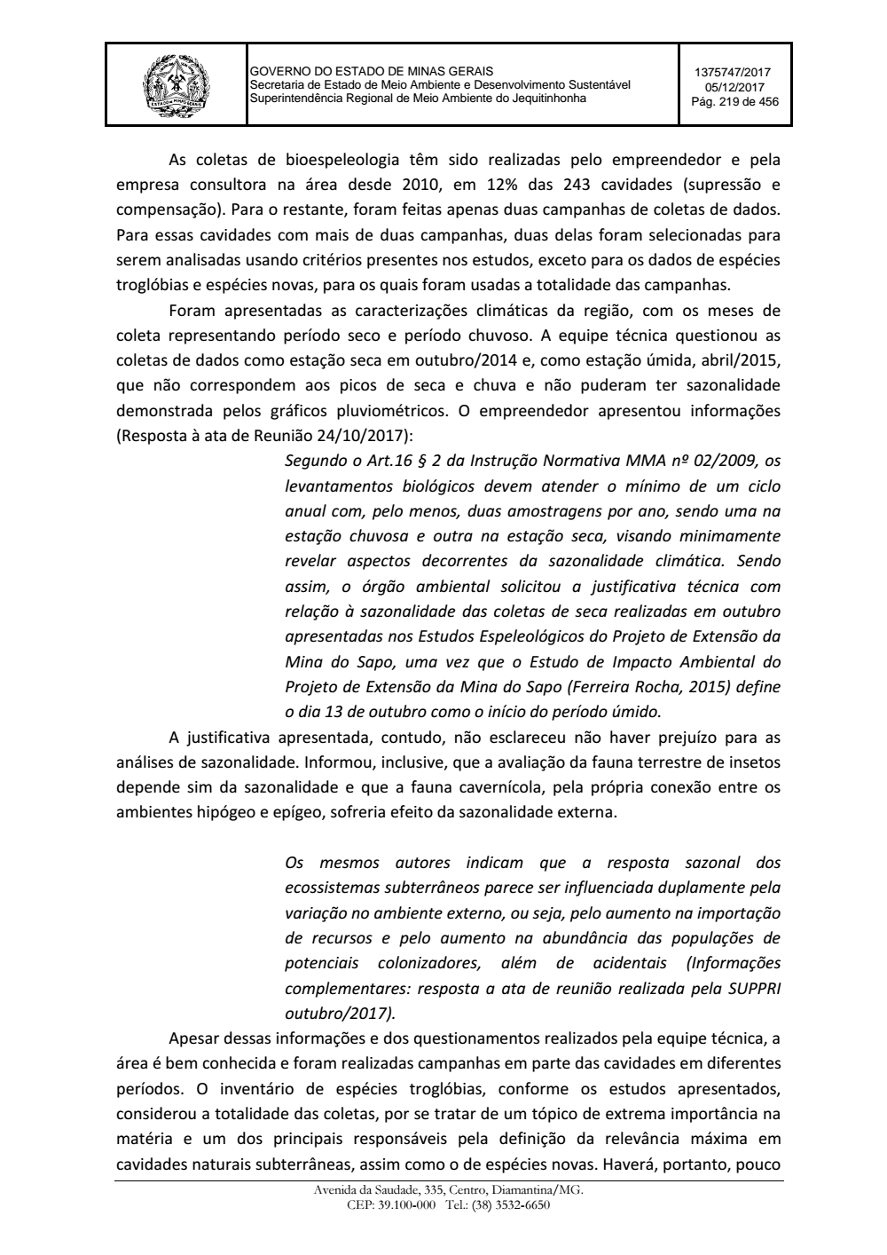 Page 219 from Parecer único da Secretaria de estado de Meio Ambiente e Desenvolvimento Sustentável (SEMAD)