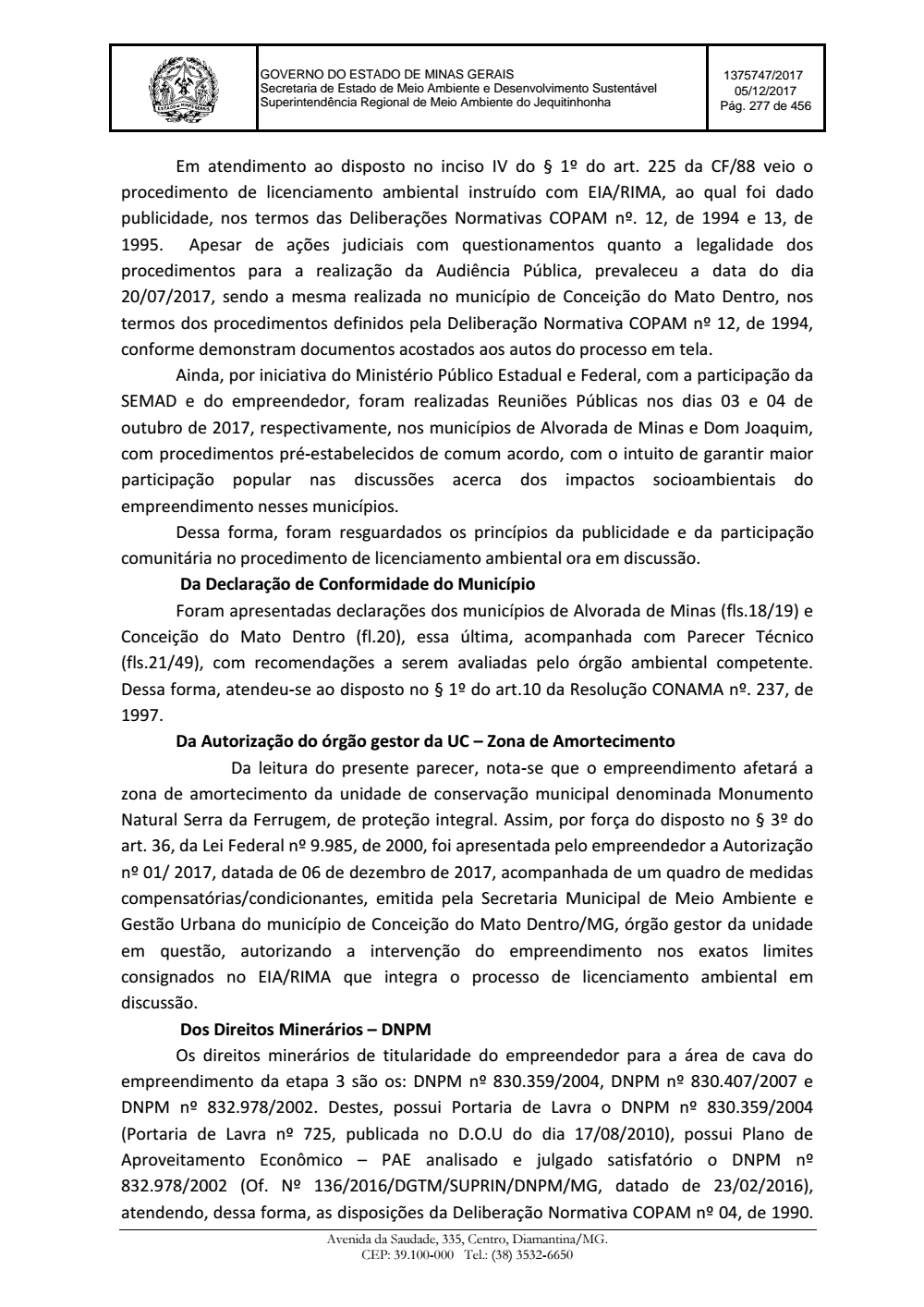 Page 277 from Parecer único da Secretaria de estado de Meio Ambiente e Desenvolvimento Sustentável (SEMAD)