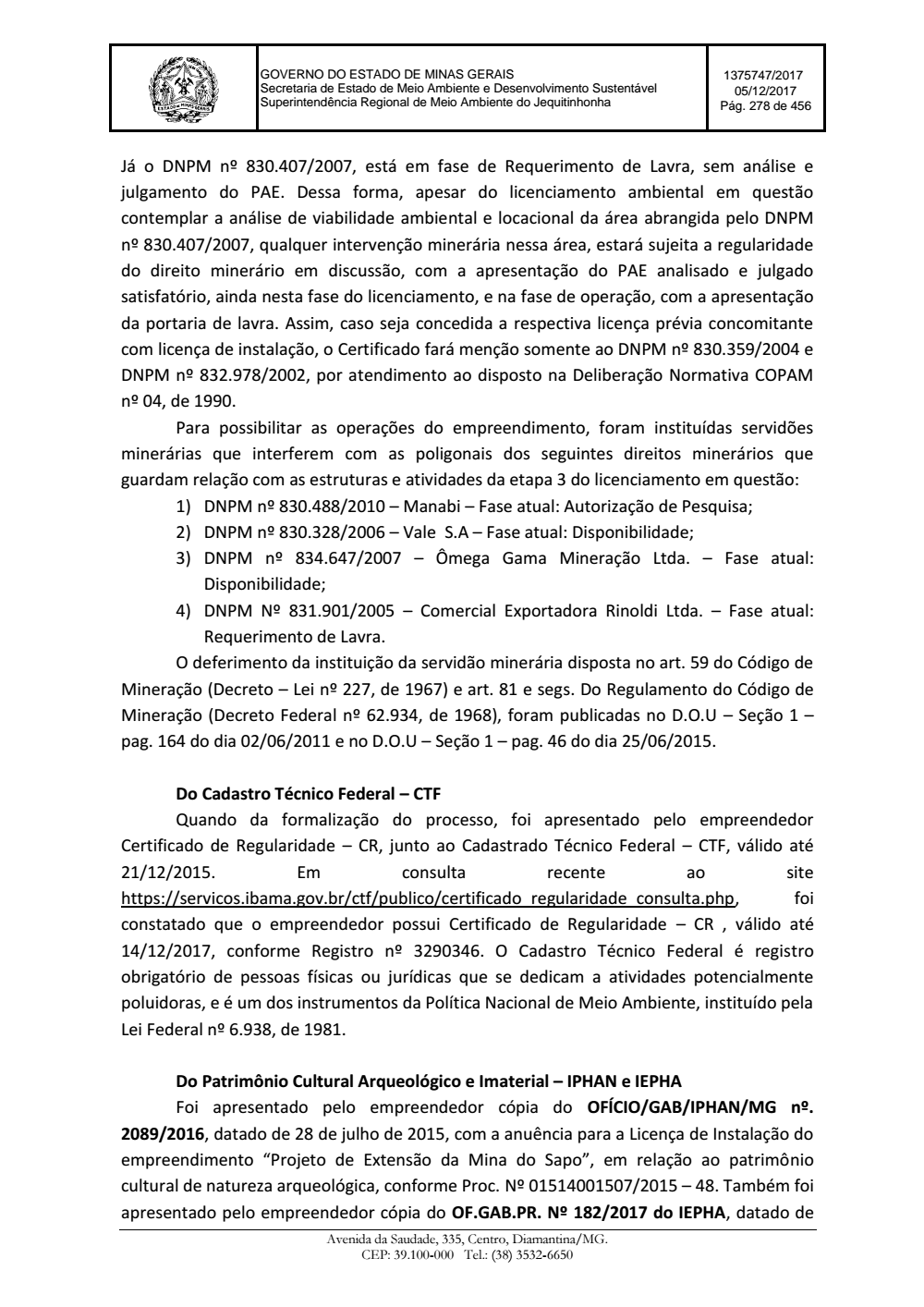 Page 278 from Parecer único da Secretaria de estado de Meio Ambiente e Desenvolvimento Sustentável (SEMAD)