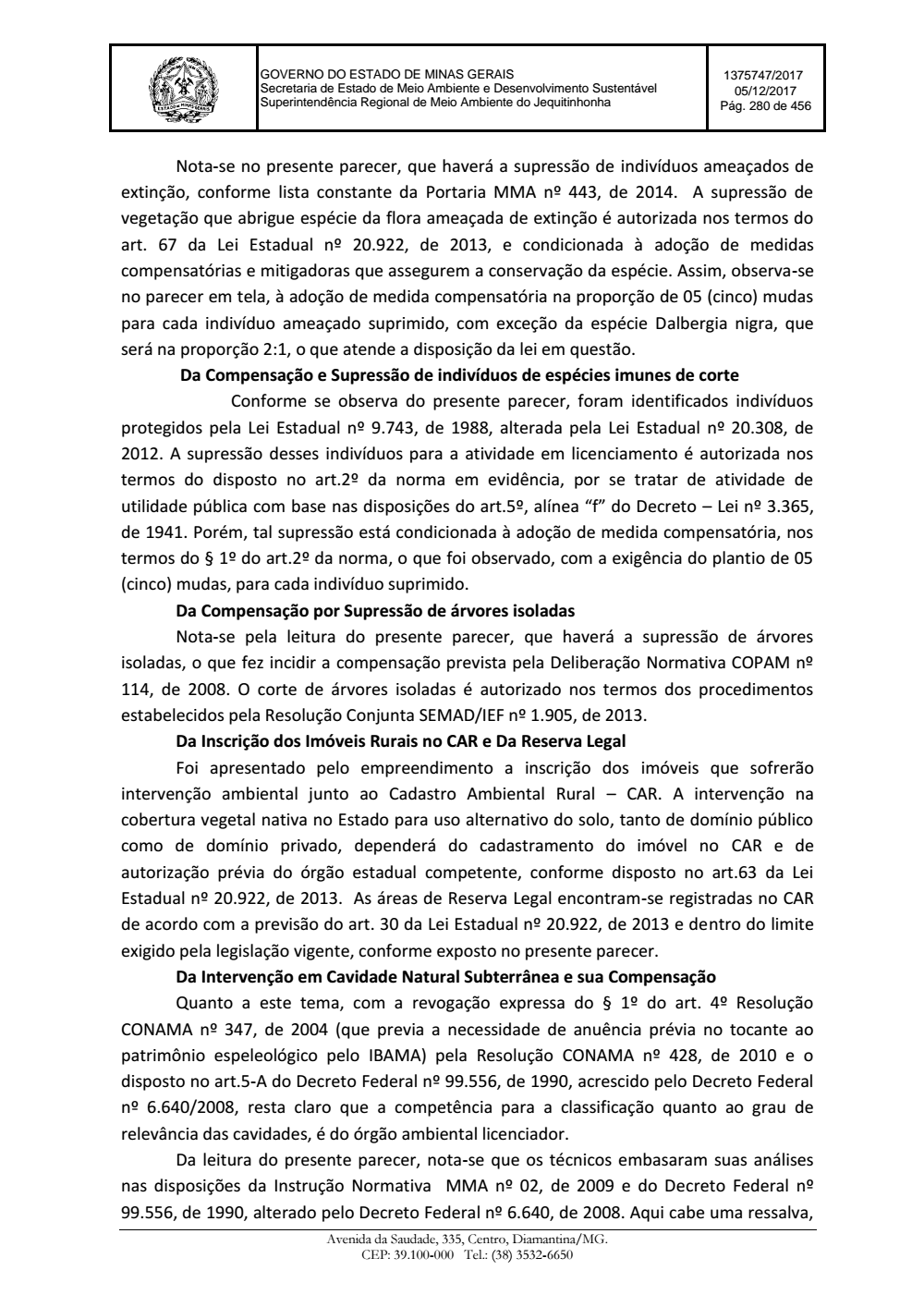 Page 280 from Parecer único da Secretaria de estado de Meio Ambiente e Desenvolvimento Sustentável (SEMAD)