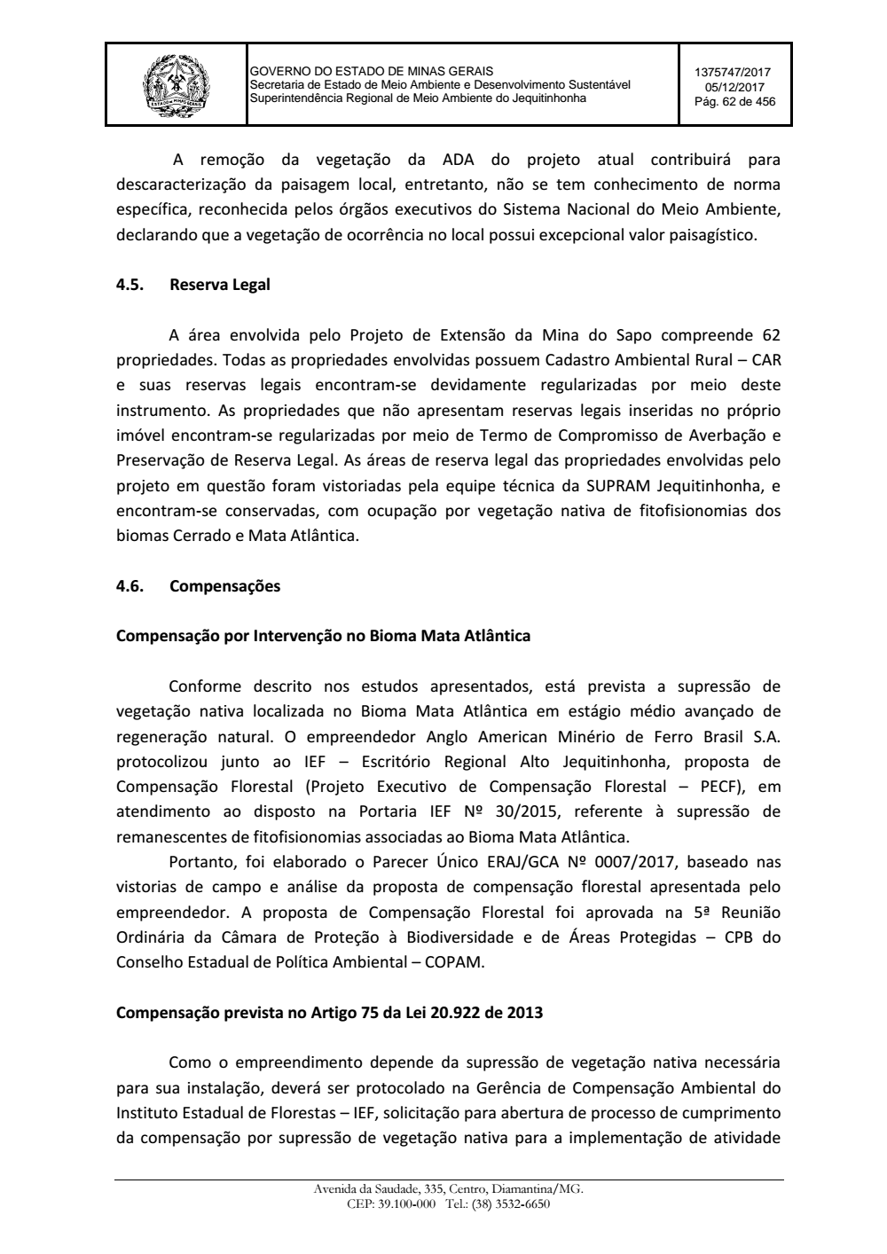 Page 62 from Parecer único da Secretaria de estado de Meio Ambiente e Desenvolvimento Sustentável (SEMAD)