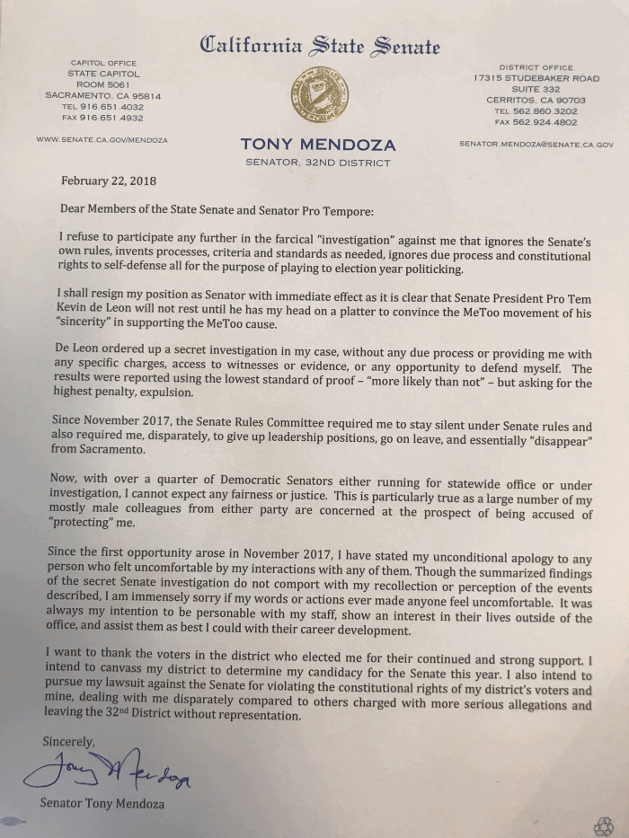 Sen Tony Mendoza Resignation Letter Documentcloud