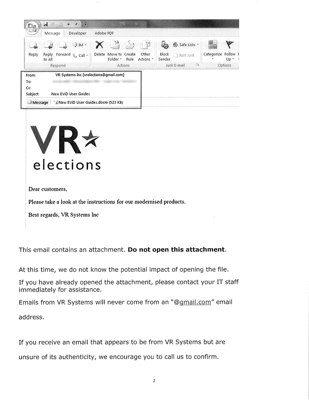 Page 2 from VR Systems Phishing Alert to Mecklenburg County