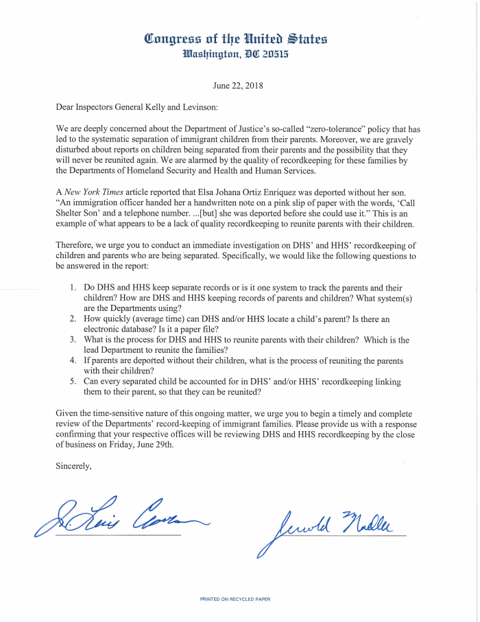 House Letter requesting OIG investigation re: family separation ...