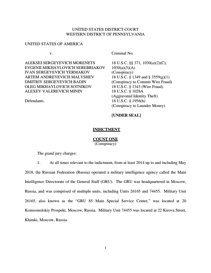 Page 1 of Russian indictment