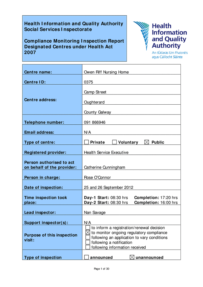 Owen Riff Nursing Home, HIQA Inspection Report - DocumentCloud