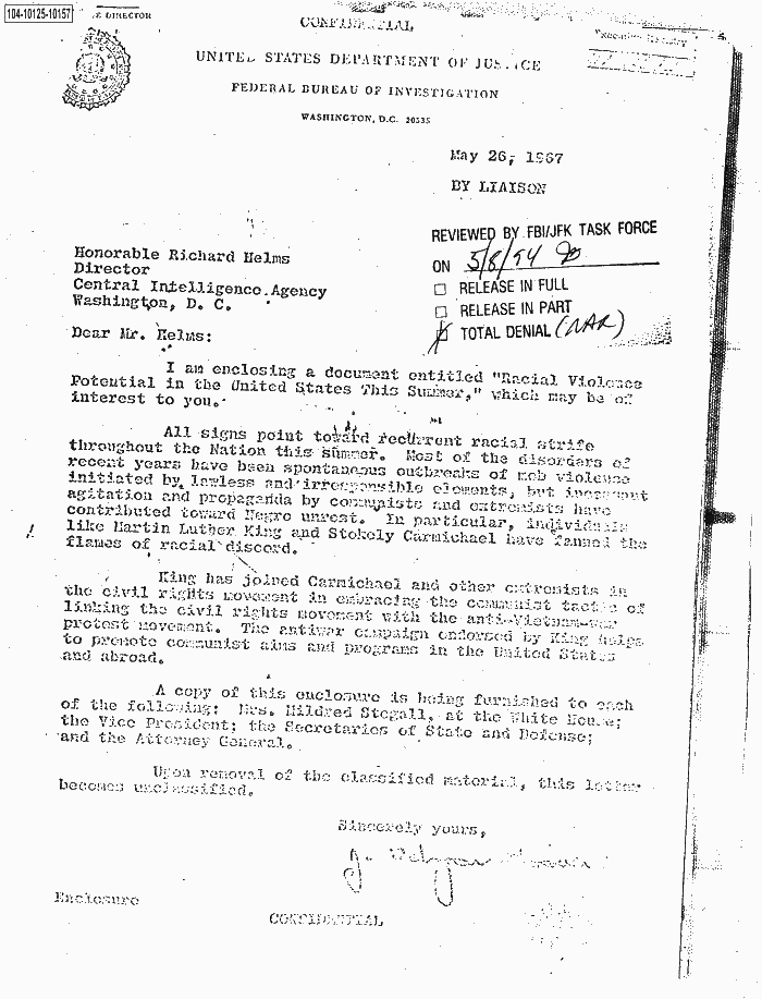 Page 1 of Hoover letter and FBI analysis on 1960s social unrest