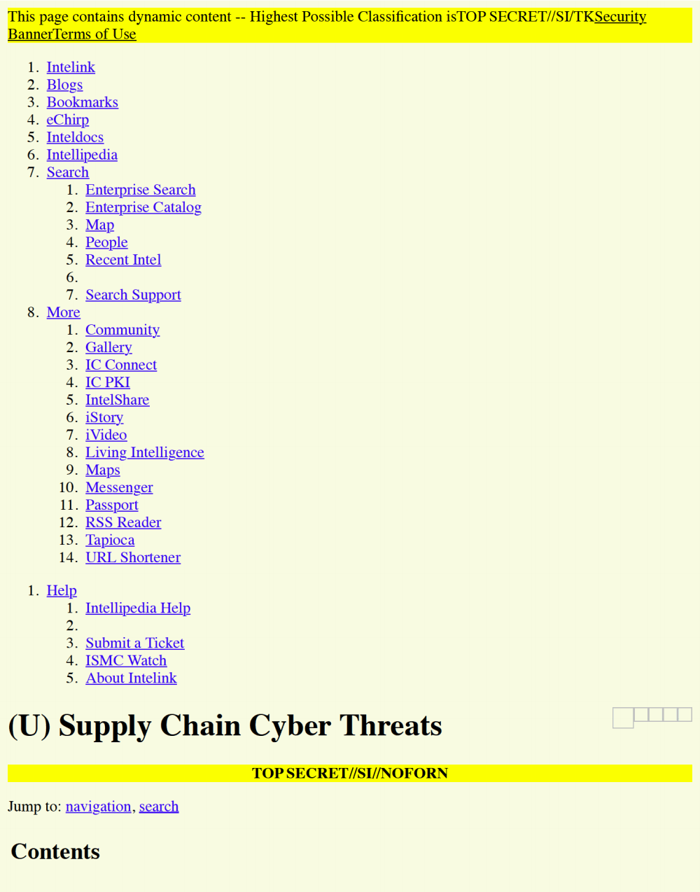 Page 1 from Intellipedia – Supply Chain Cyber Threats