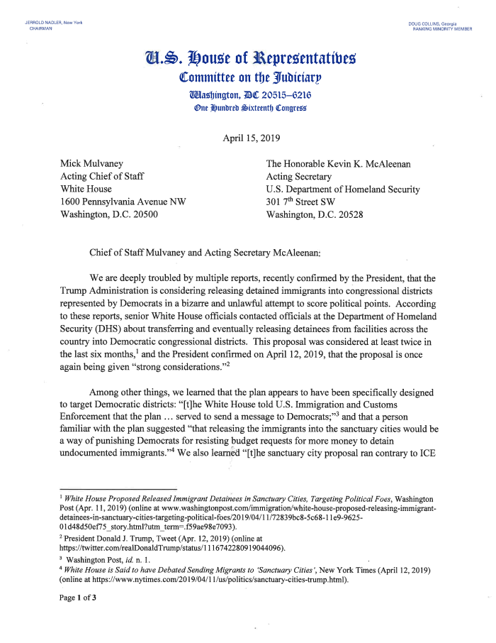 Nadler, Cummings and Thompson Letter to DHS & WH - DocumentCloud