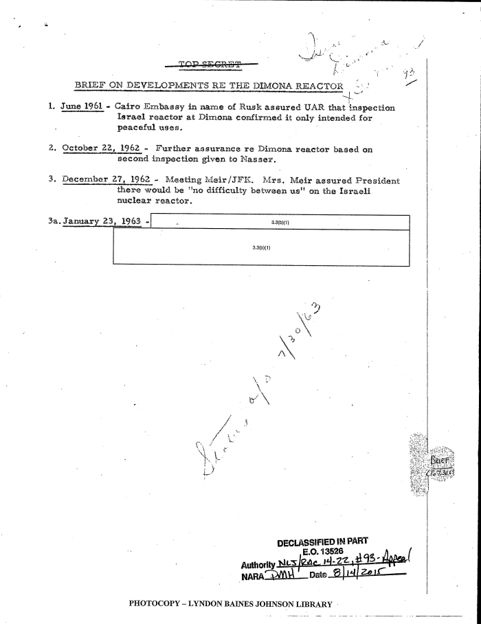 Page 1 of 1963 Memorandum Brief on Developments Re the Dimona Reactor Top Secret Kennedy