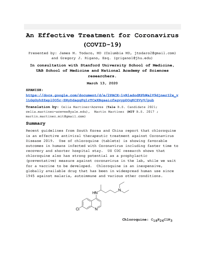 Page 1 of An Effective Treatment for Coronavirus (COVID 19) Google Docs
