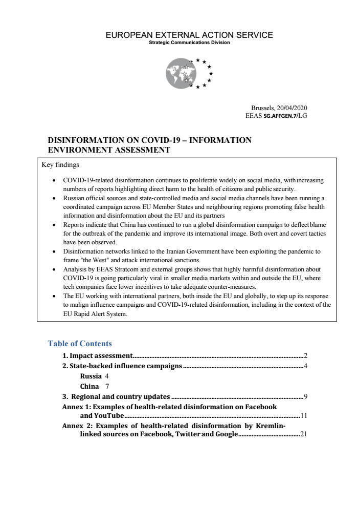 Page 1 of INTERNAL Coronavirus 3rd Information Environment Assessment EEAS