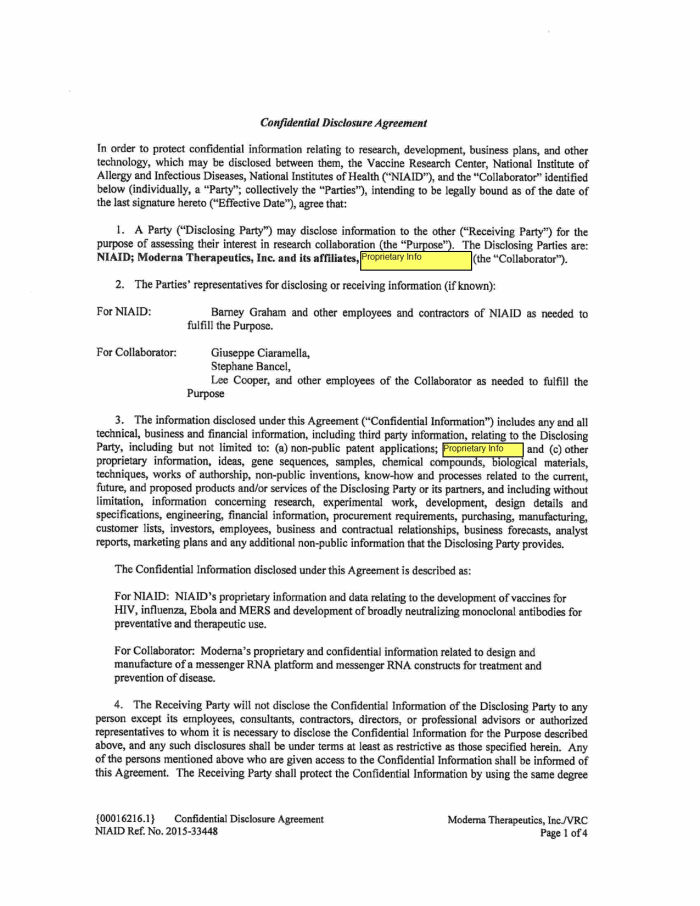 Page 1 of NIH-Moderna Confidential Agreements