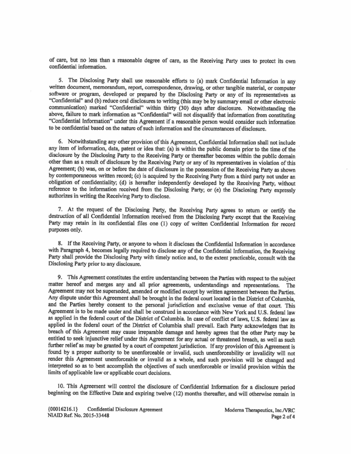 Page 2 of NIH-Moderna Confidential Agreements