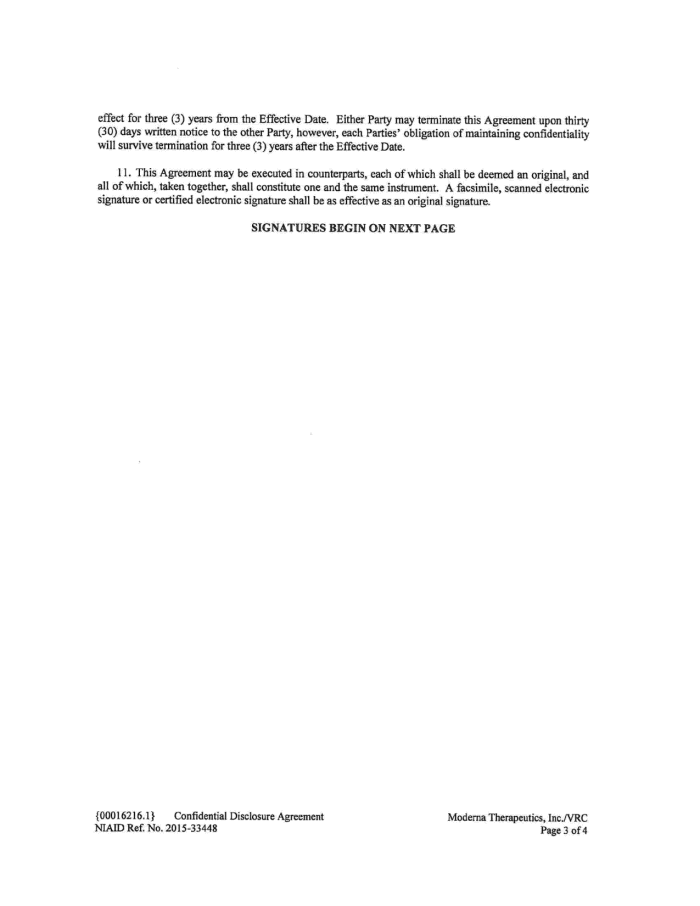 Page 3 of NIH-Moderna Confidential Agreements