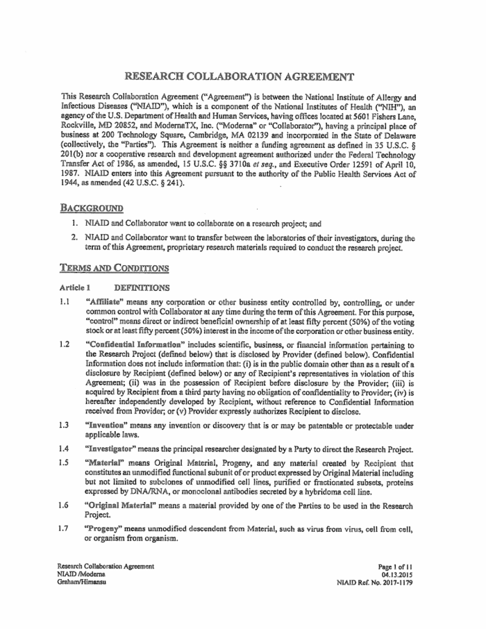 Page 72 of NIH-Moderna Confidential Agreements
