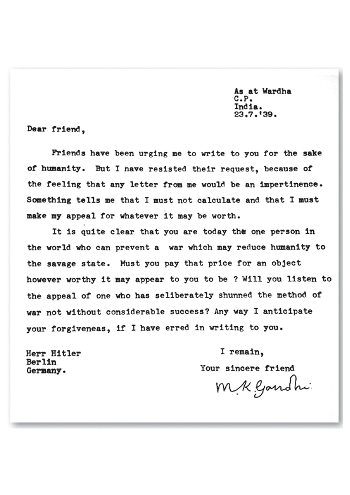 Page 1 of Mohandas Gandhi's letter to Adolf Hitler